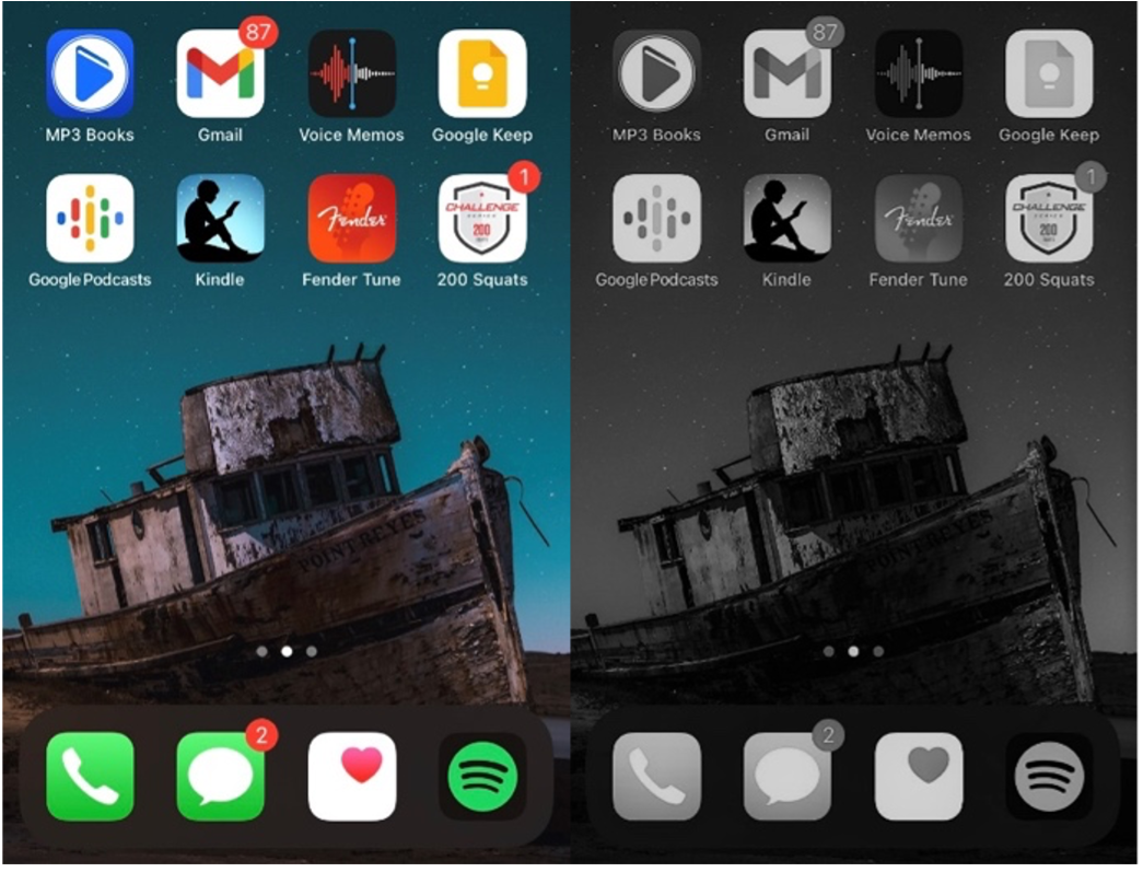 Image of two smartphone screens side by side, one in colour, the other in black & white